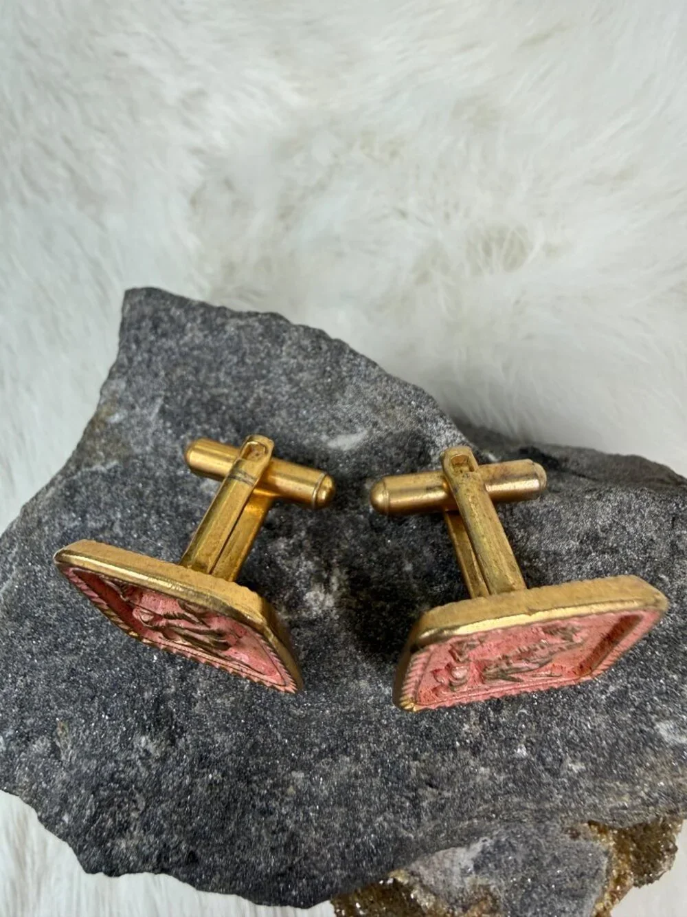 Vintage Egyptian Inspired Pink & Gold Tone Cuff Links Cufflinks Grecian Roman